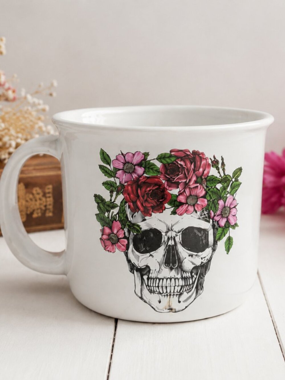 Floral Skull Coffee Mug White Ceramic Gothic Rose Skeleton Cup VG